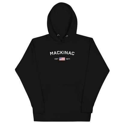 'Mackinac EST 1671' Hoodie (w/ USA Flag Outline) | Unisex Premium - Circumspice Michigan