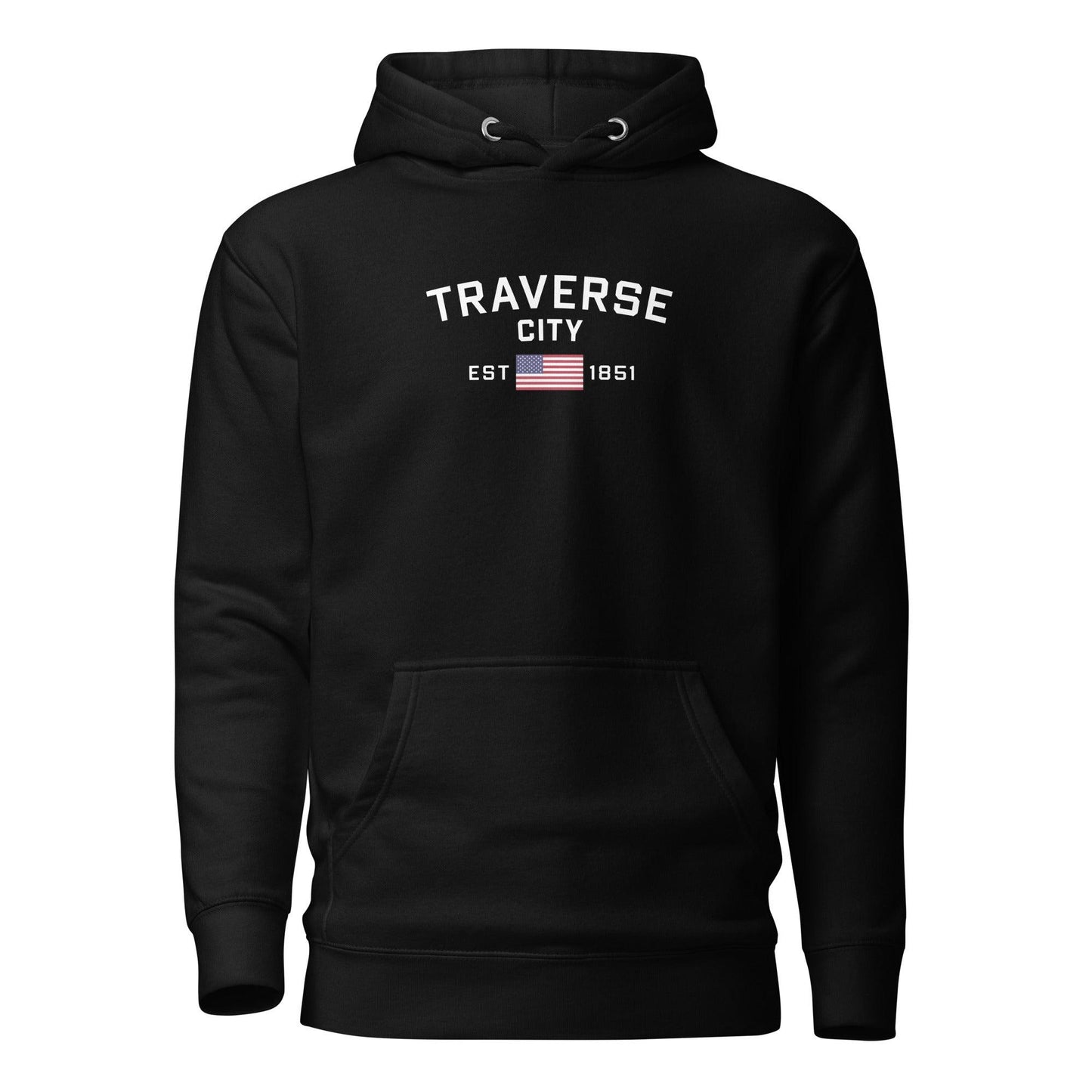 'Traverse City EST 1851' Hoodie (w/ USA Flag Outline) | Unisex Premium - Circumspice Michigan