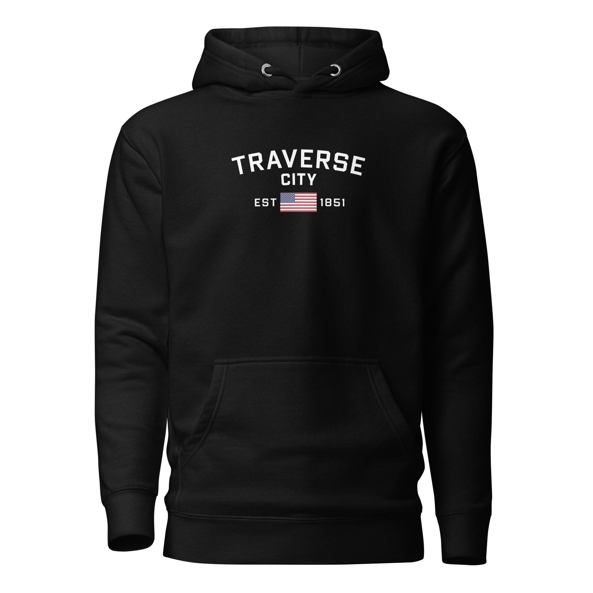 'Traverse City EST 1851' Hoodie (w/ USA Flag Outline) | Unisex Premium - Circumspice Michigan