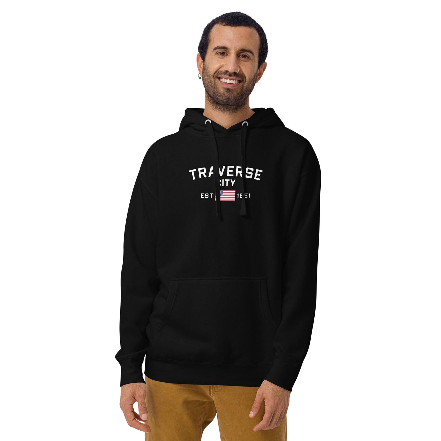 'Traverse City EST 1851' Hoodie (w/ USA Flag Outline) | Unisex Premium - Circumspice Michigan