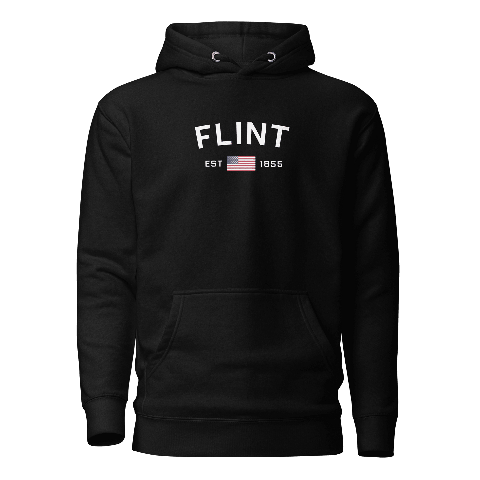 'Flint EST 1855' Hoodie (w/ USA Flag Outline) | Unisex Premium - Circumspice Michigan