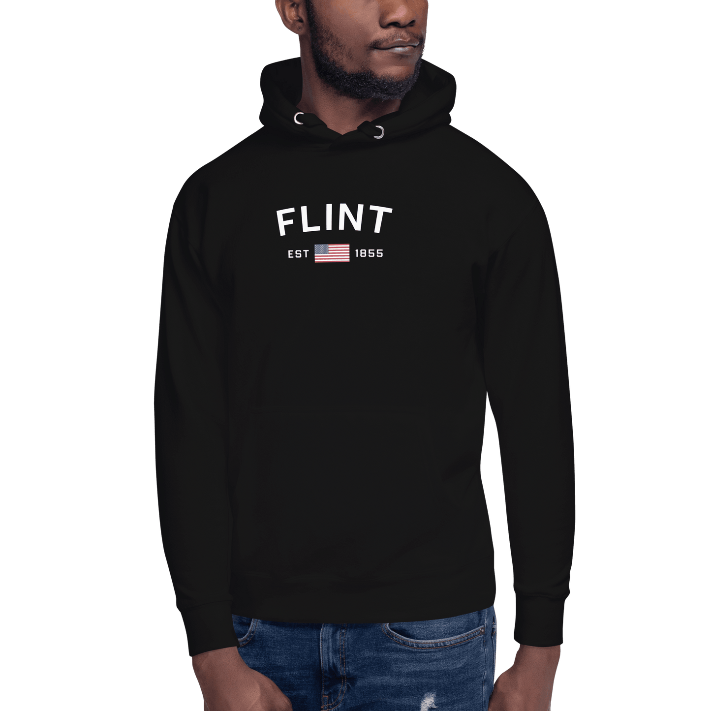 'Flint EST 1855' Hoodie (w/ USA Flag Outline) | Unisex Premium - Circumspice Michigan