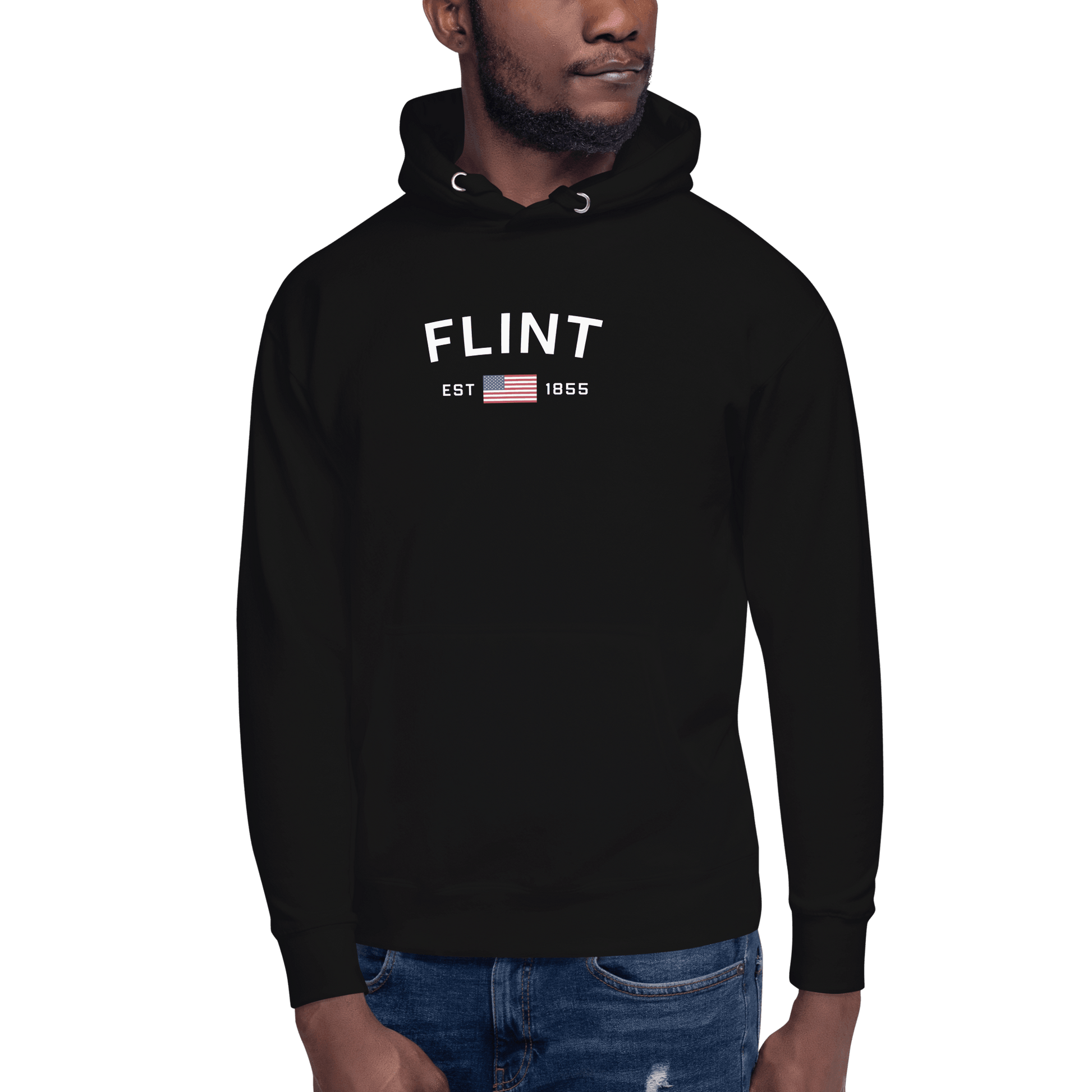 'Flint EST 1855' Hoodie (w/ USA Flag Outline) | Unisex Premium - Circumspice Michigan