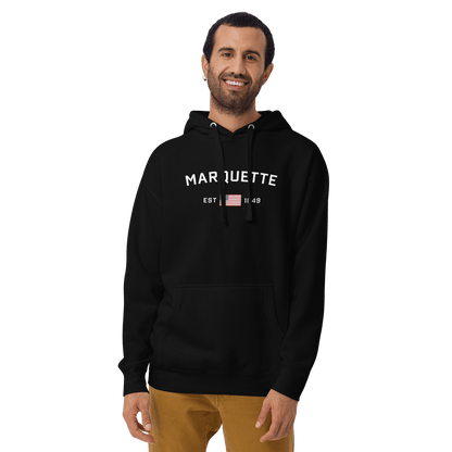 'Marquette EST 1849' Hoodie (w/ USA Flag Outline) | Unisex Premium - Circumspice Michigan