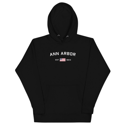 'Ann Arbor EST 1824' Hoodie (w/ USA Flag Outline) | Unisex Premium - Circumspice Michigan