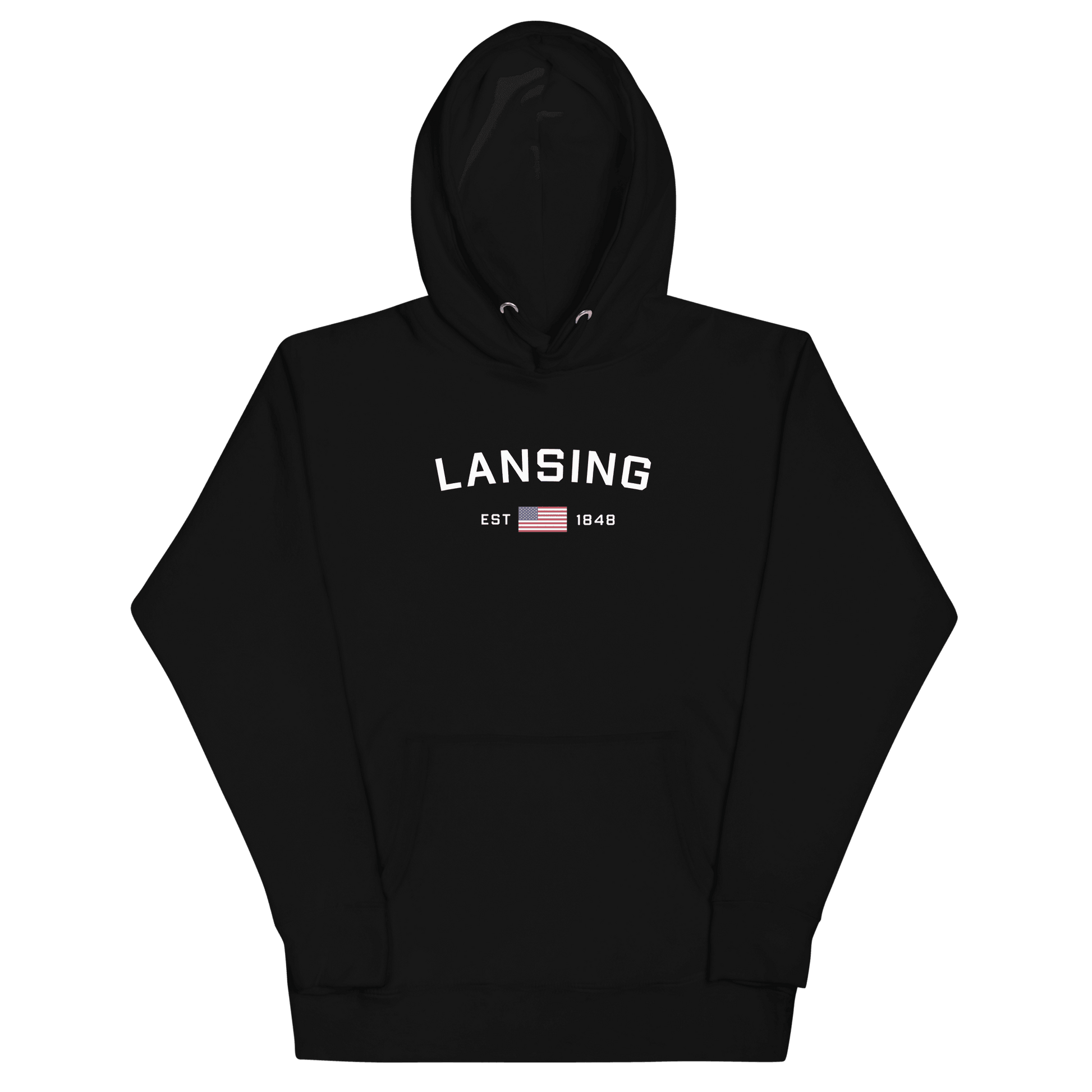 'Lansing EST 1848' Hoodie (w/. USA Flag Outline) | Unisex Premium - Circumspice Michigan