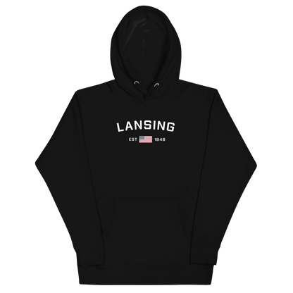 'Lansing EST 1848' Hoodie (w/. USA Flag Outline) | Unisex Premium - Circumspice Michigan