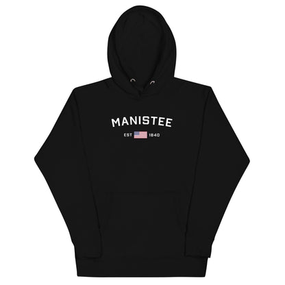 'Manistee EST 1840' Hoodie (w/USA Flag Outline) | Unisex Premium - Circumspice Michigan