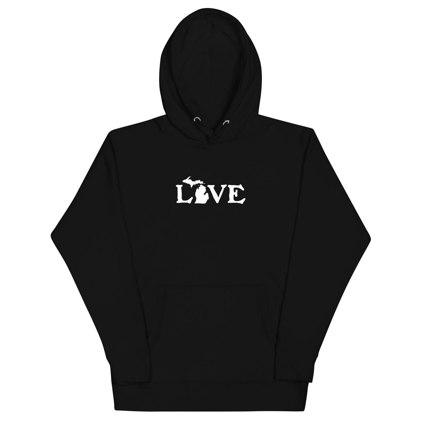 Michigan 'Love' Hoodie (Woodcut Font w/MI Outline) | Unisex Premium - Circumspice Michigan