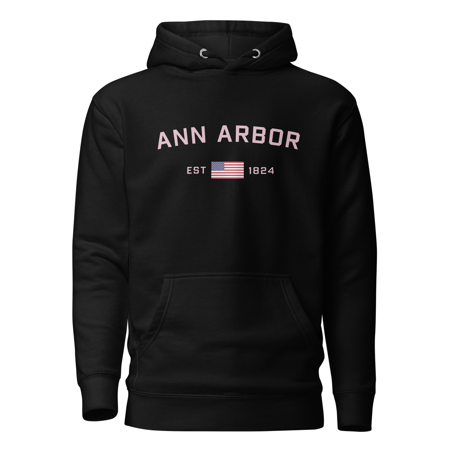 'Ann Arbor 1824' Unisex Premium Hoodie (Pink Type w/USA Flag Outline)