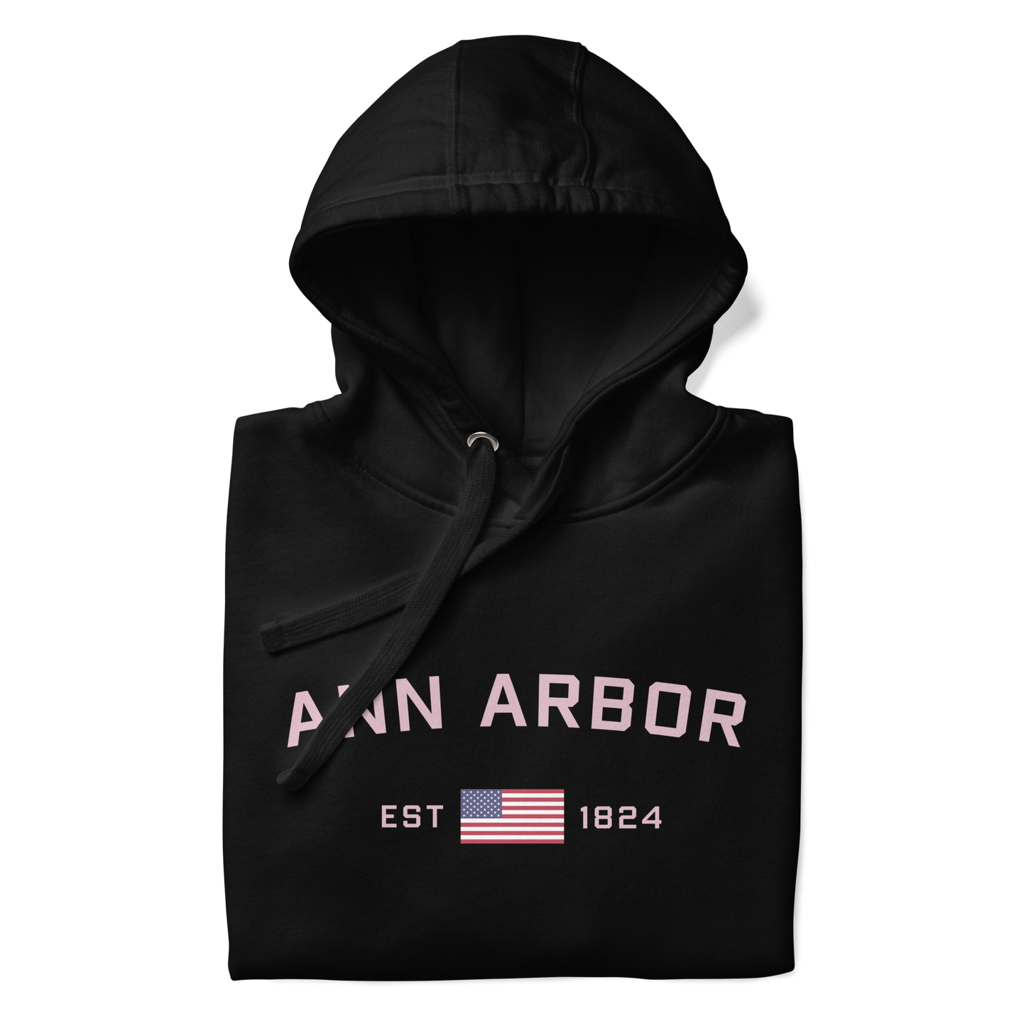 'Ann Arbor 1824' Unisex Premium Hoodie (Pink Type w/USA Flag Outline)