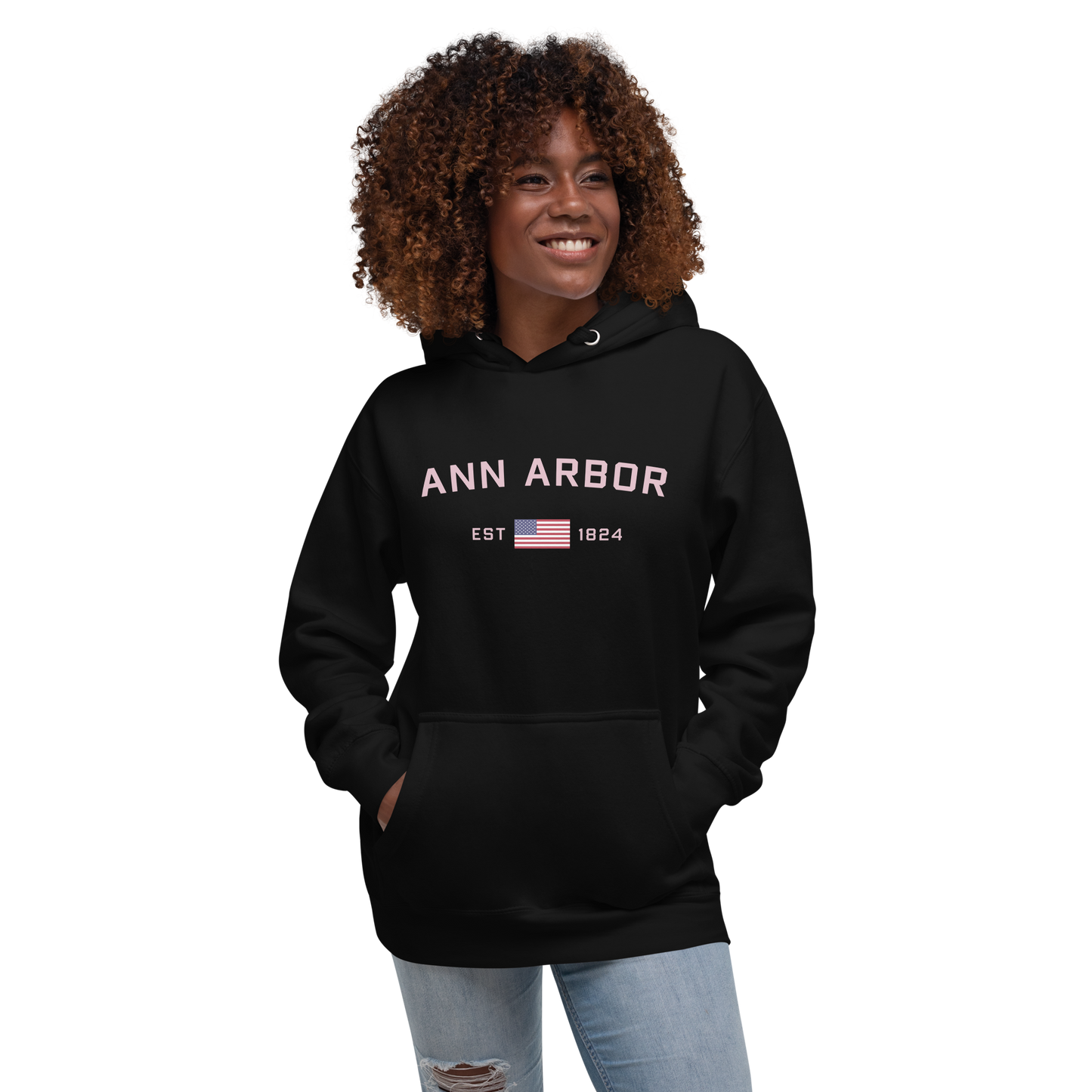 'Ann Arbor 1824' Unisex Premium Hoodie (Pink Type w/USA Flag Outline)