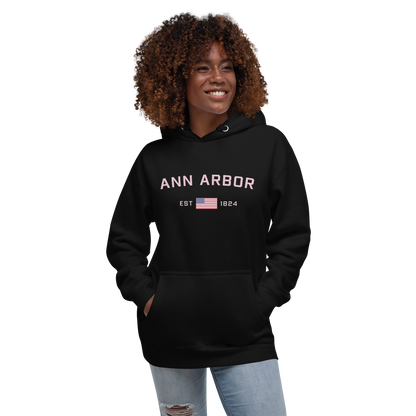 'Ann Arbor 1824' Unisex Premium Hoodie (Pink Type w/USA Flag Outline)