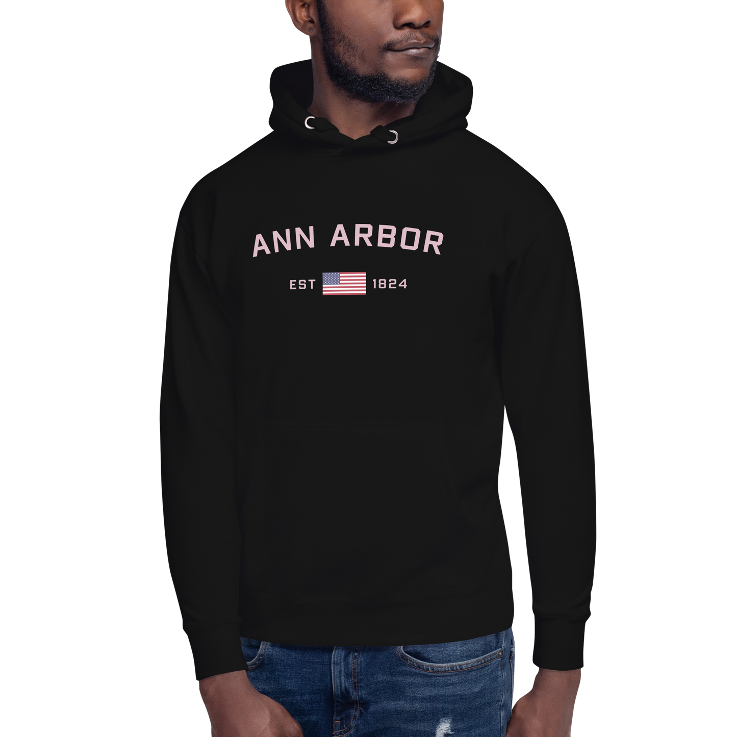 'Ann Arbor 1824' Unisex Premium Hoodie (Pink Type w/USA Flag Outline)