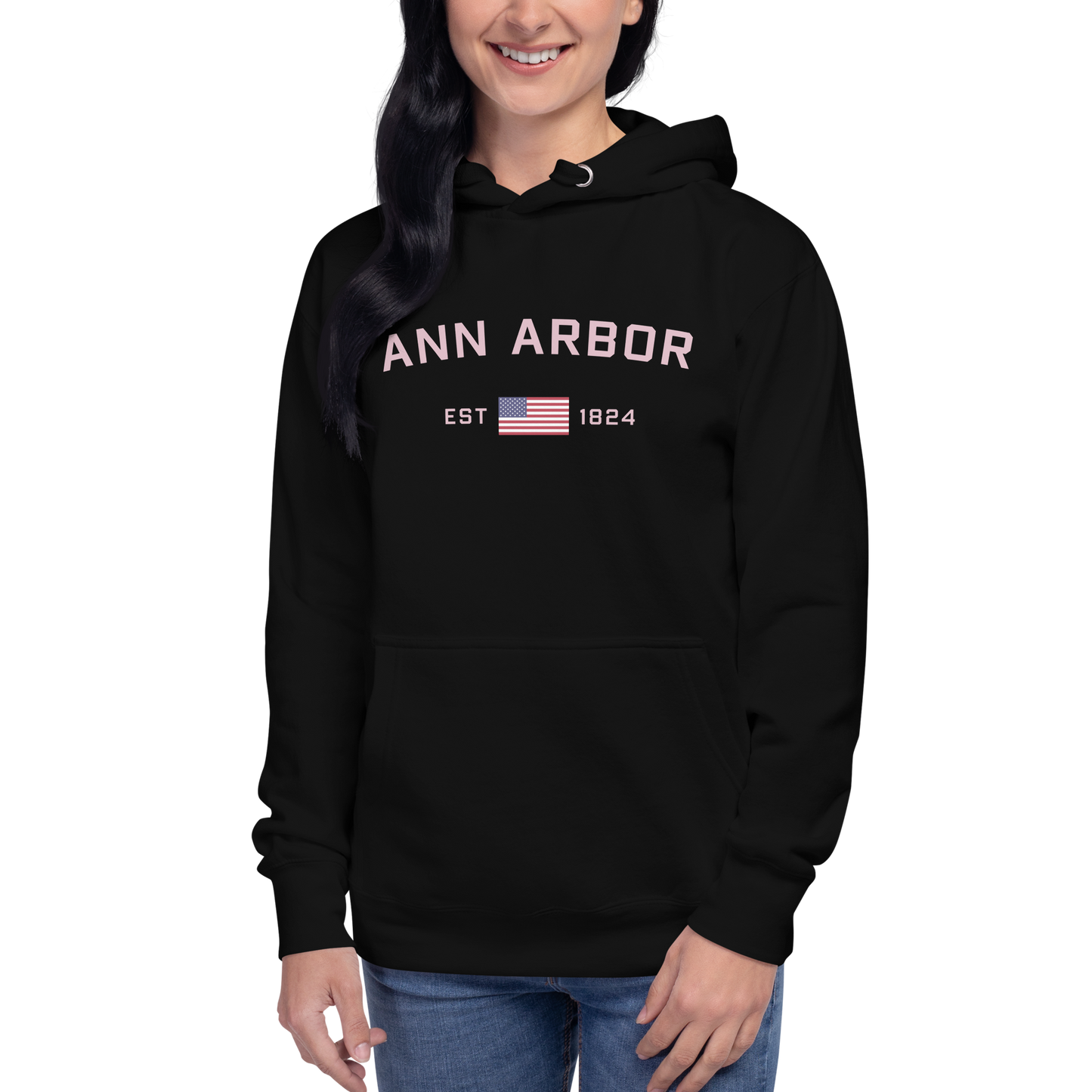 'Ann Arbor 1824' Unisex Premium Hoodie (Pink Type w/USA Flag Outline)