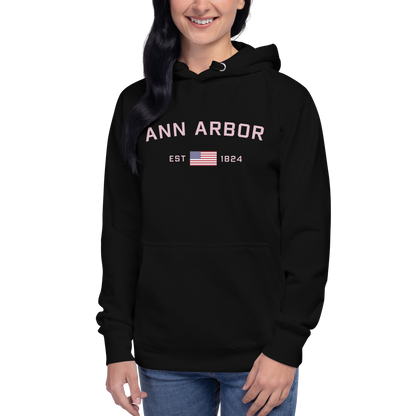 'Ann Arbor 1824' Unisex Premium Hoodie (Pink Type w/USA Flag Outline)