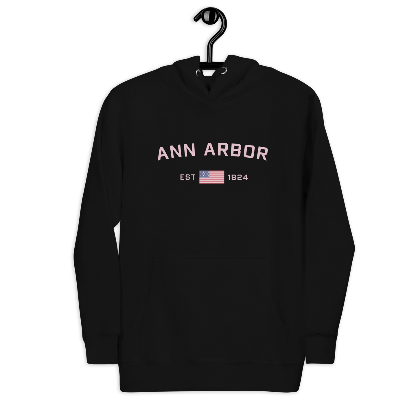 'Ann Arbor 1824' Unisex Premium Hoodie (Pink Type w/USA Flag Outline)