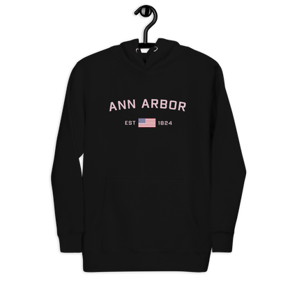 'Ann Arbor 1824' Unisex Premium Hoodie (Pink Type w/USA Flag Outline)