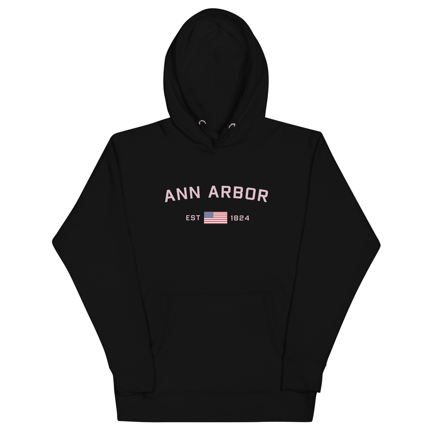 'Ann Arbor 1824' Unisex Premium Hoodie (Pink Type w/USA Flag Outline)