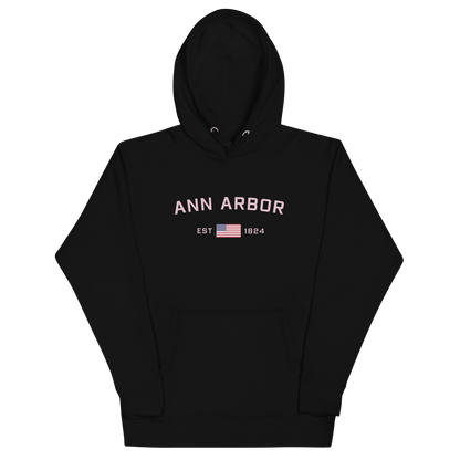 'Ann Arbor 1824' Unisex Premium Hoodie (Pink Type w/USA Flag Outline)