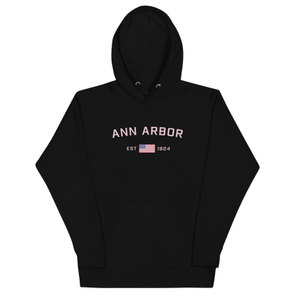 'Ann Arbor 1824' Unisex Premium Hoodie (Pink Type w/USA Flag Outline)