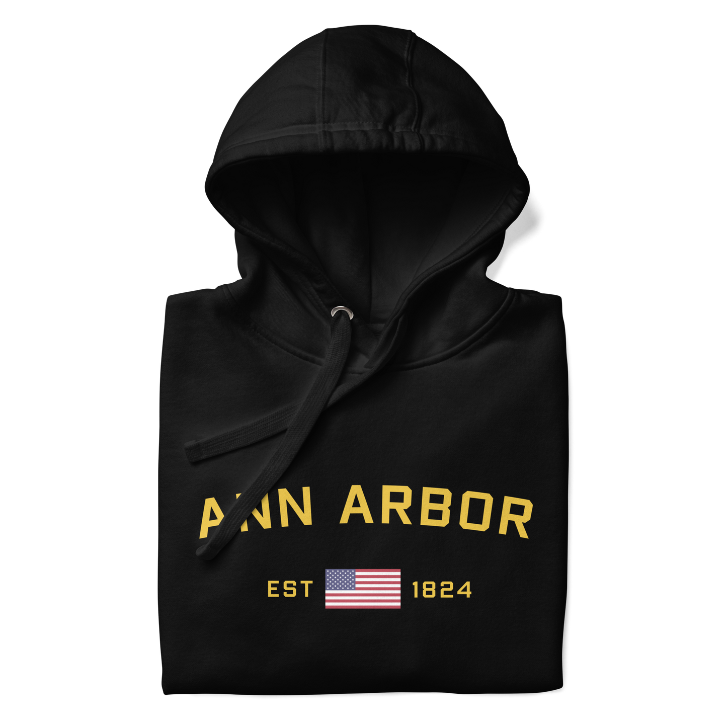 'Ann Arbor EST 1824' Unisex Premium Hoodie (Gold Type w/USA Flag Outline)