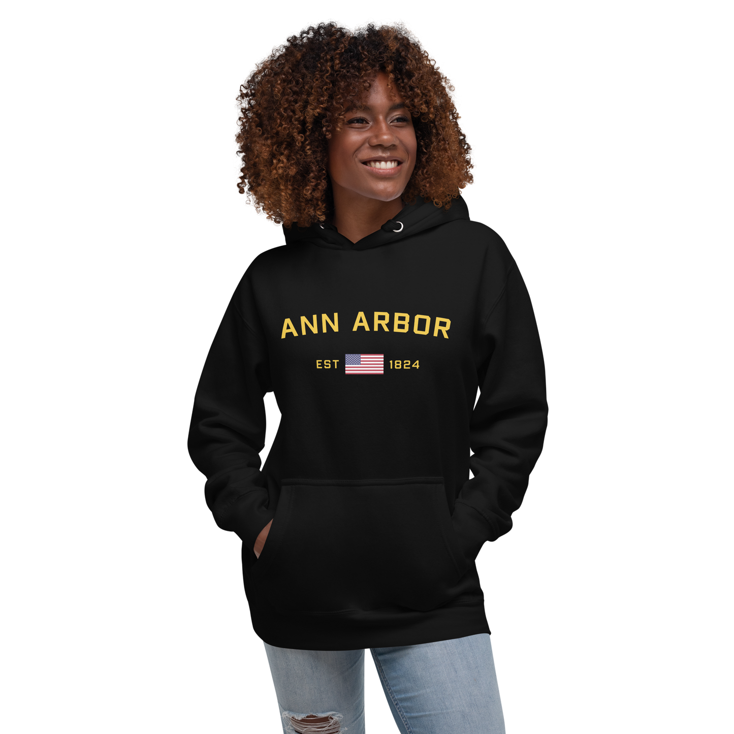 'Ann Arbor EST 1824' Unisex Premium Hoodie (Gold Type w/USA Flag Outline)