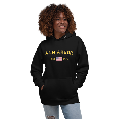 'Ann Arbor EST 1824' Unisex Premium Hoodie (Gold Type w/USA Flag Outline)