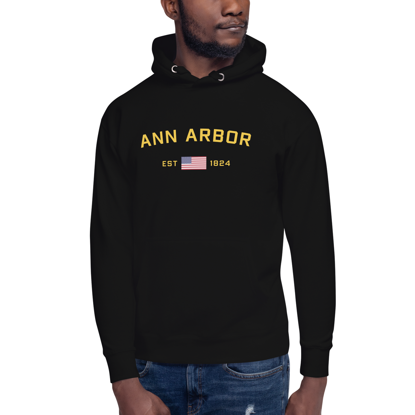 'Ann Arbor EST 1824' Unisex Premium Hoodie (Gold Type w/USA Flag Outline)