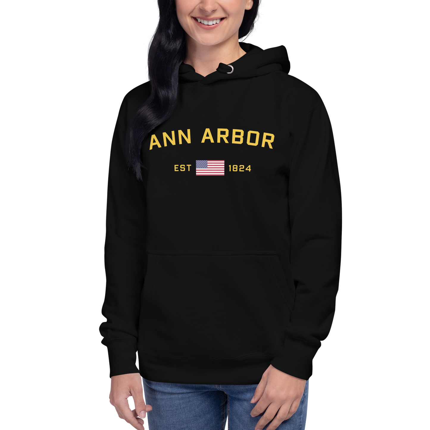 'Ann Arbor EST 1824' Unisex Premium Hoodie (Gold Type w/USA Flag Outline)