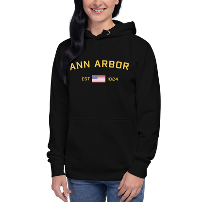 'Ann Arbor EST 1824' Unisex Premium Hoodie (Gold Type w/USA Flag Outline)