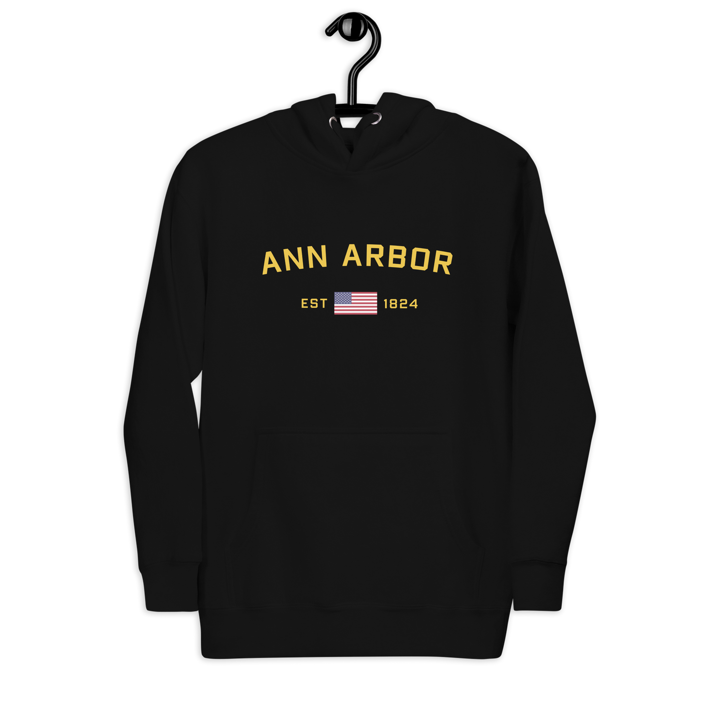 'Ann Arbor EST 1824' Unisex Premium Hoodie (Gold Type w/USA Flag Outline)