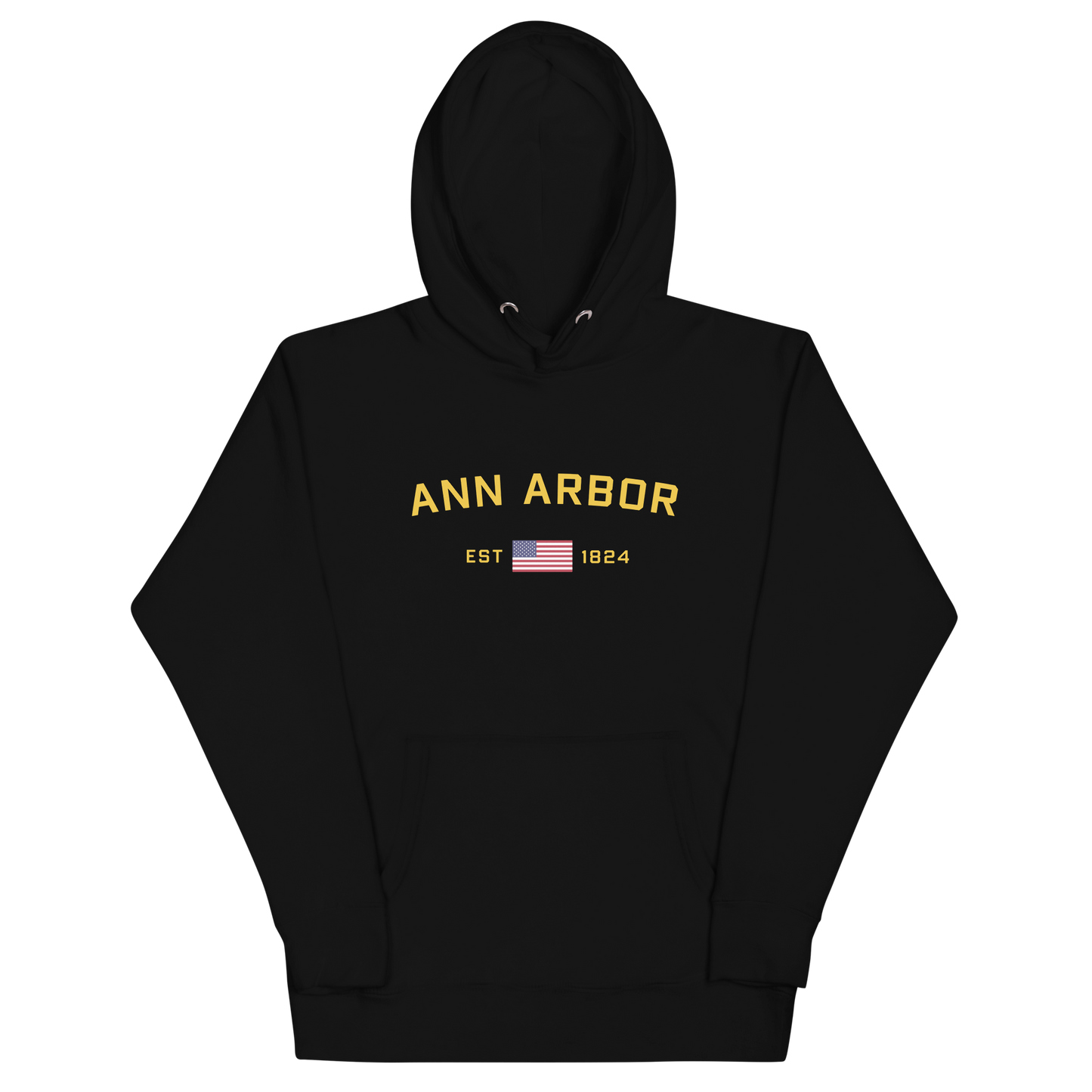 'Ann Arbor EST 1824' Unisex Premium Hoodie (Gold Type w/USA Flag Outline)