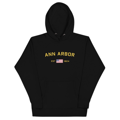 'Ann Arbor EST 1824' Unisex Premium Hoodie (Gold Type w/USA Flag Outline)