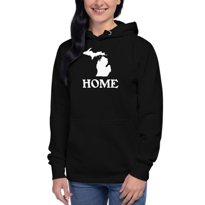 Michigan 'Home' Unisex Premium Hoodie (Woodcut Font w/ MI Outline)