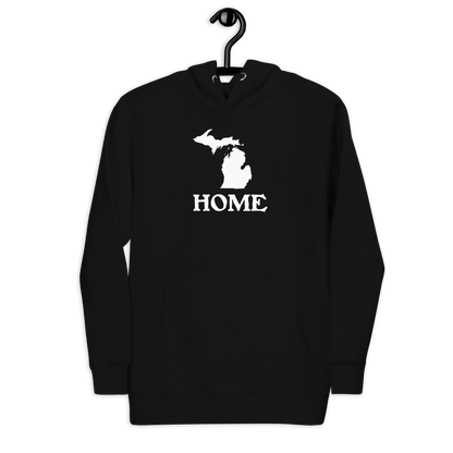 Michigan 'Home' Unisex Premium Hoodie (Woodcut Font w/ MI Outline)