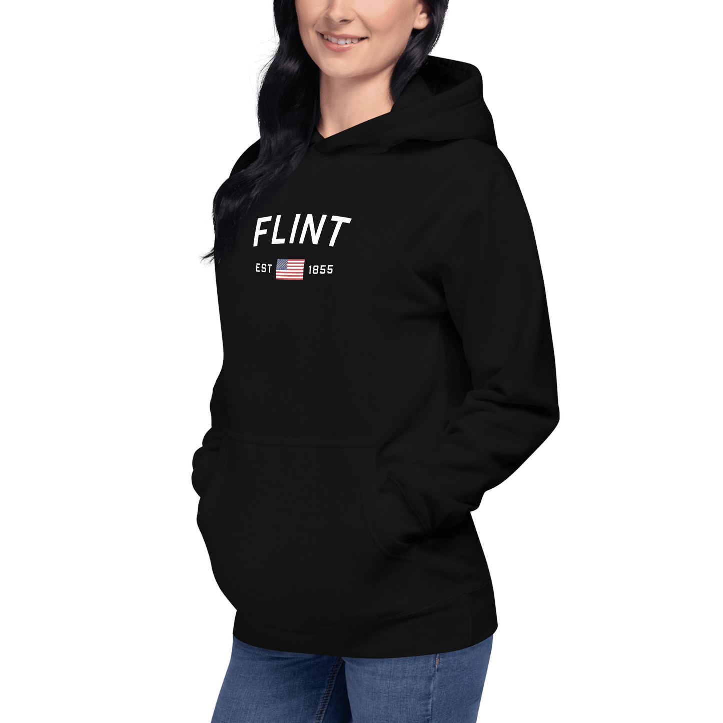 'Flint EST 1855' Hoodie (w/ USA Flag Outline) | Unisex Premium - Circumspice Michigan