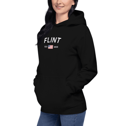 'Flint EST 1855' Hoodie (w/ USA Flag Outline) | Unisex Premium - Circumspice Michigan