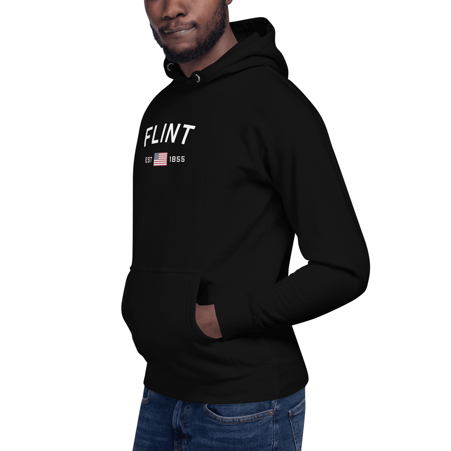 'Flint EST 1855' Hoodie (w/ USA Flag Outline) | Unisex Premium - Circumspice Michigan