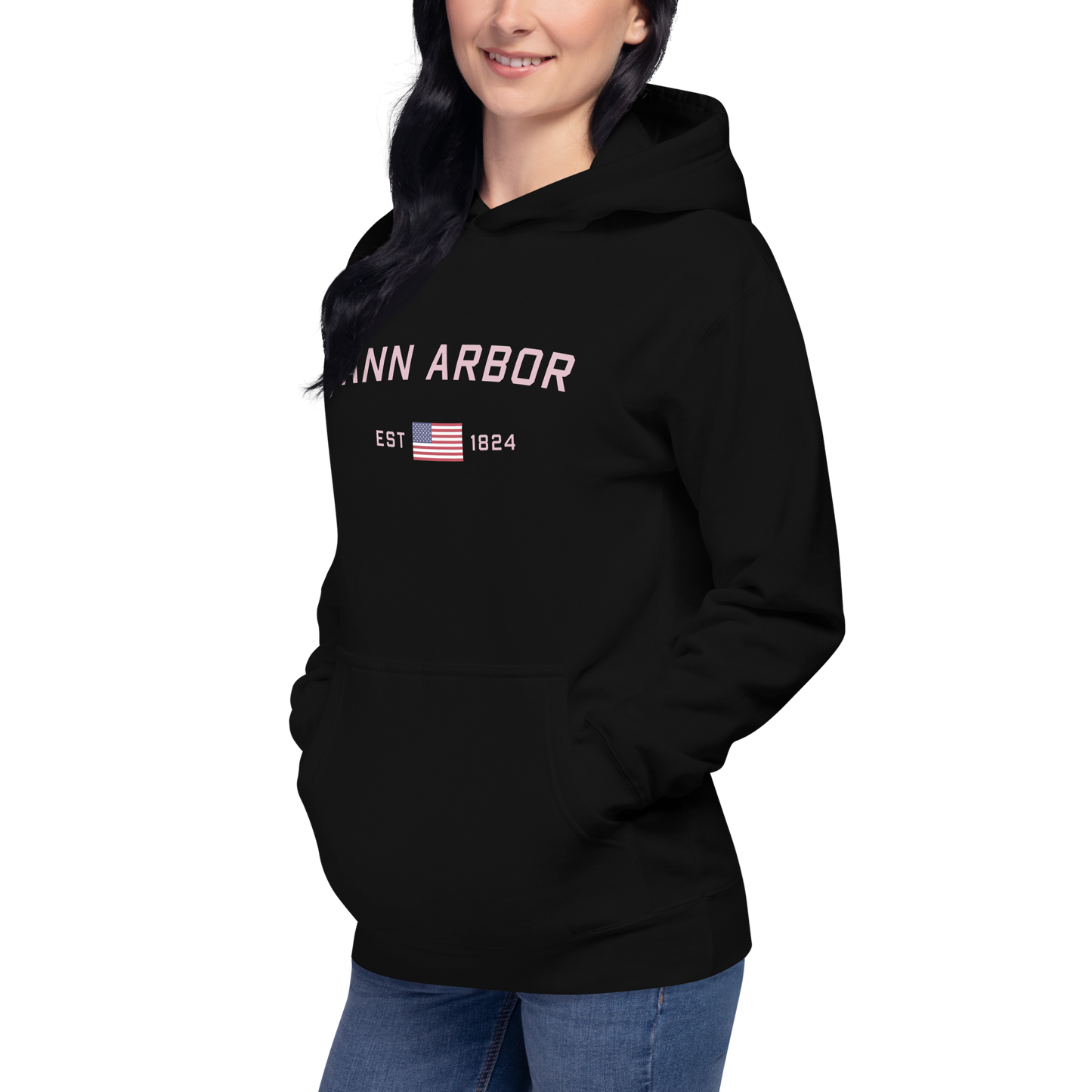 'Ann Arbor 1824' Unisex Premium Hoodie (Pink Type w/USA Flag Outline)