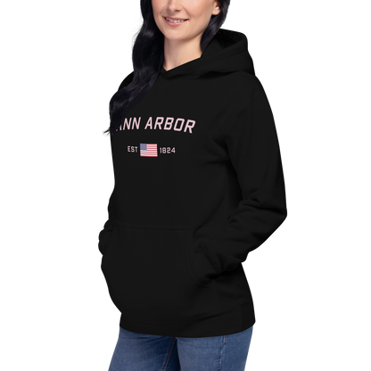 'Ann Arbor 1824' Unisex Premium Hoodie (Pink Type w/USA Flag Outline)