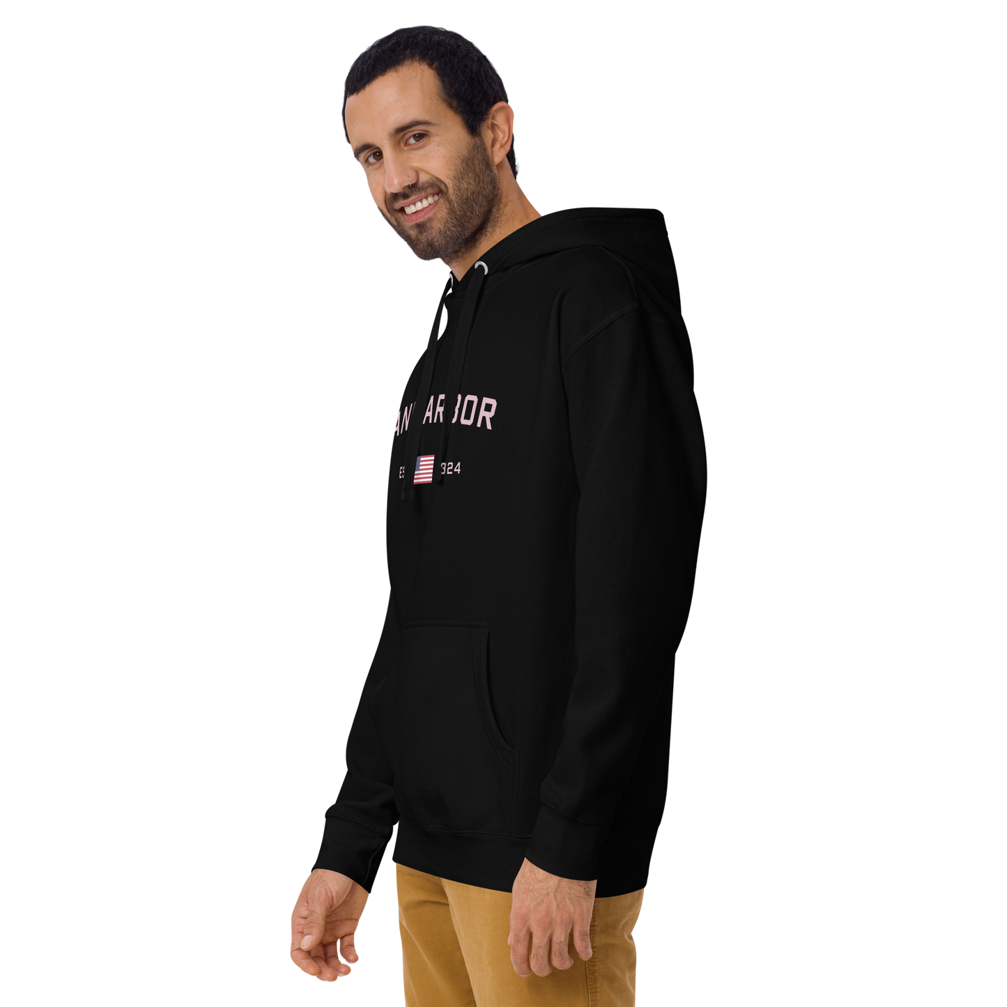 'Ann Arbor 1824' Unisex Premium Hoodie (Pink Type w/USA Flag Outline)