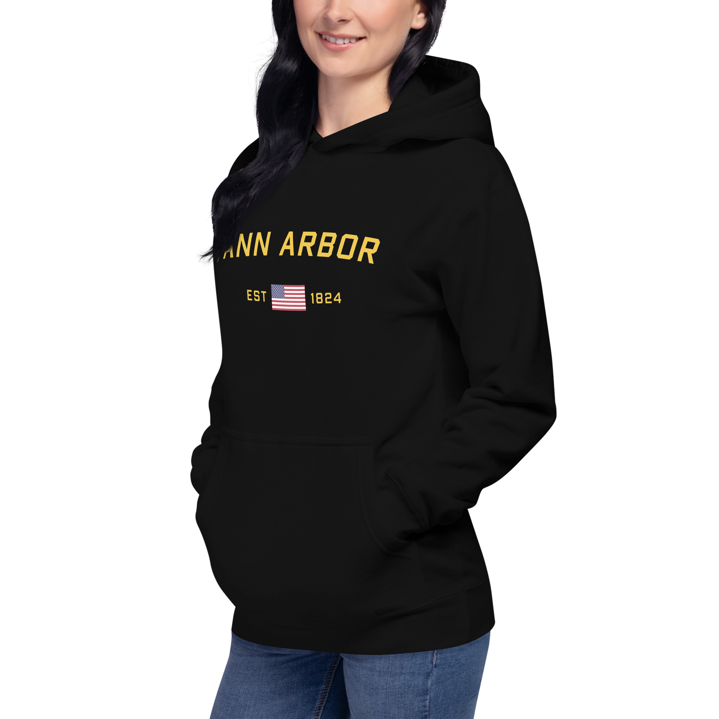 'Ann Arbor EST 1824' Unisex Premium Hoodie (Gold Type w/USA Flag Outline)