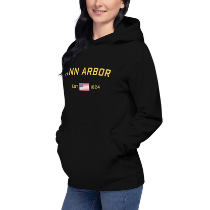 'Ann Arbor EST 1824' Unisex Premium Hoodie (Gold Type w/USA Flag Outline)