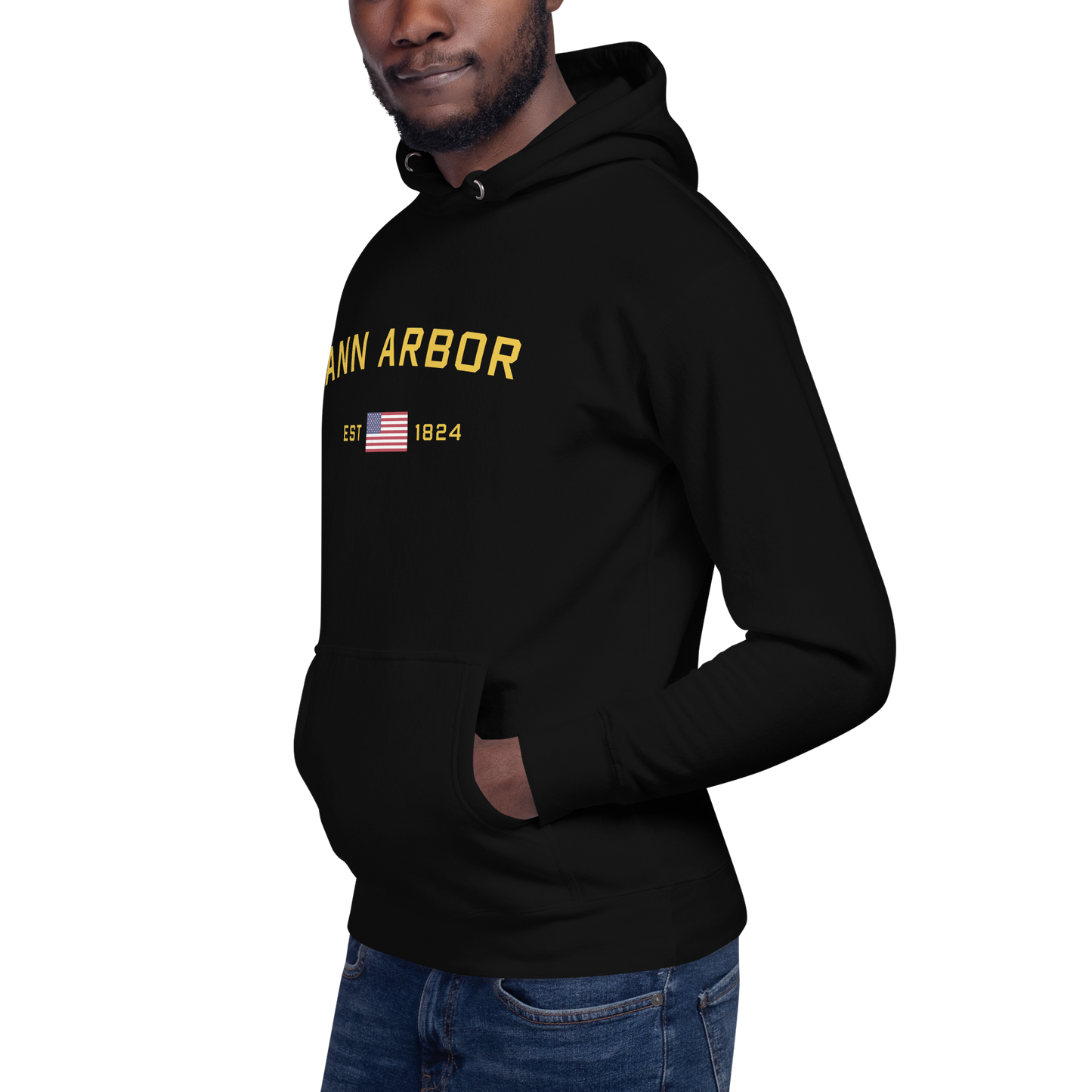 'Ann Arbor EST 1824' Unisex Premium Hoodie (Gold Type w/USA Flag Outline)