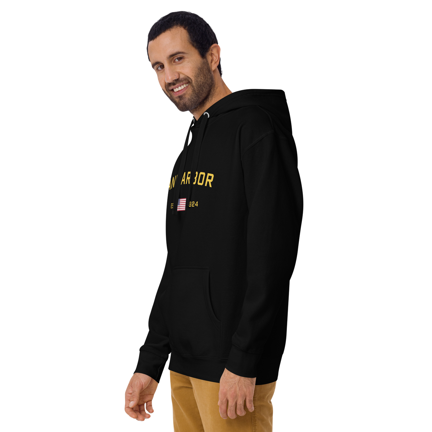 'Ann Arbor EST 1824' Unisex Premium Hoodie (Gold Type w/USA Flag Outline)