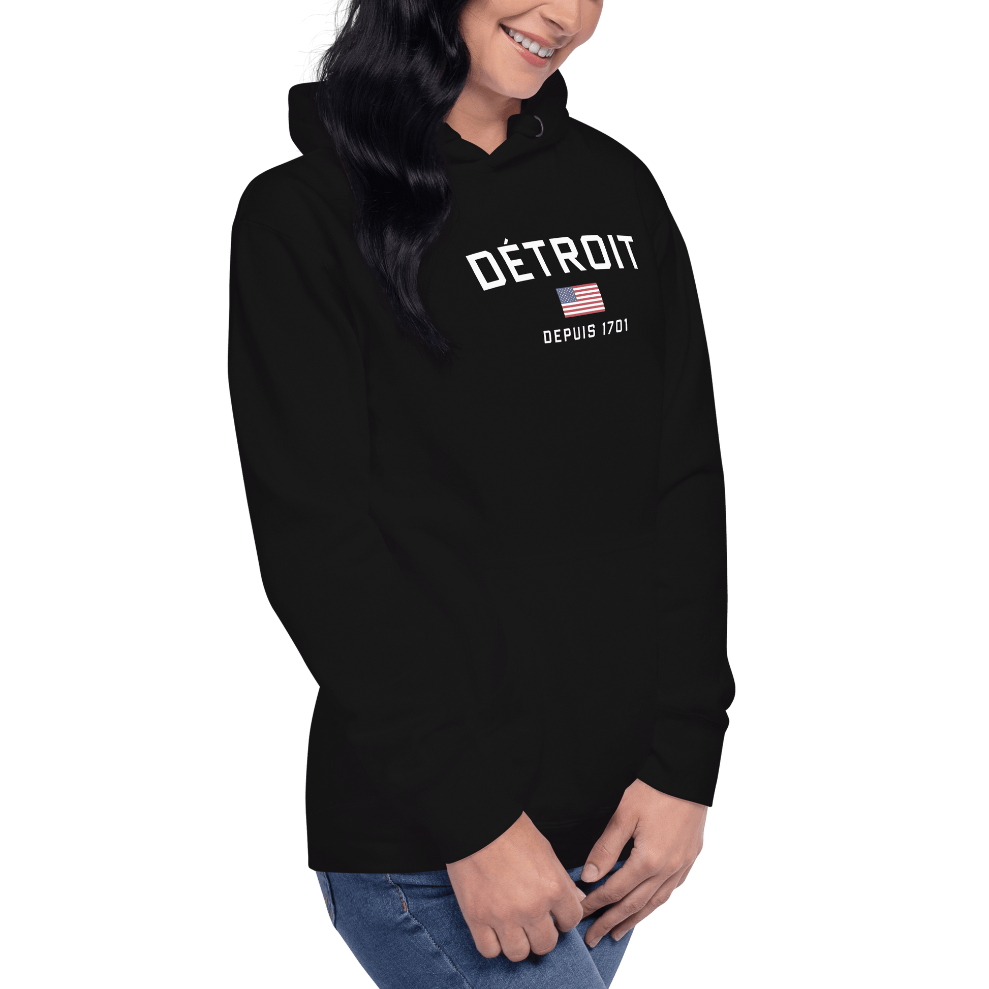 'Détroit Depuis 1701' Hoodie (White/Navy Lettering) | Unisex Premium - Circumspice Michigan