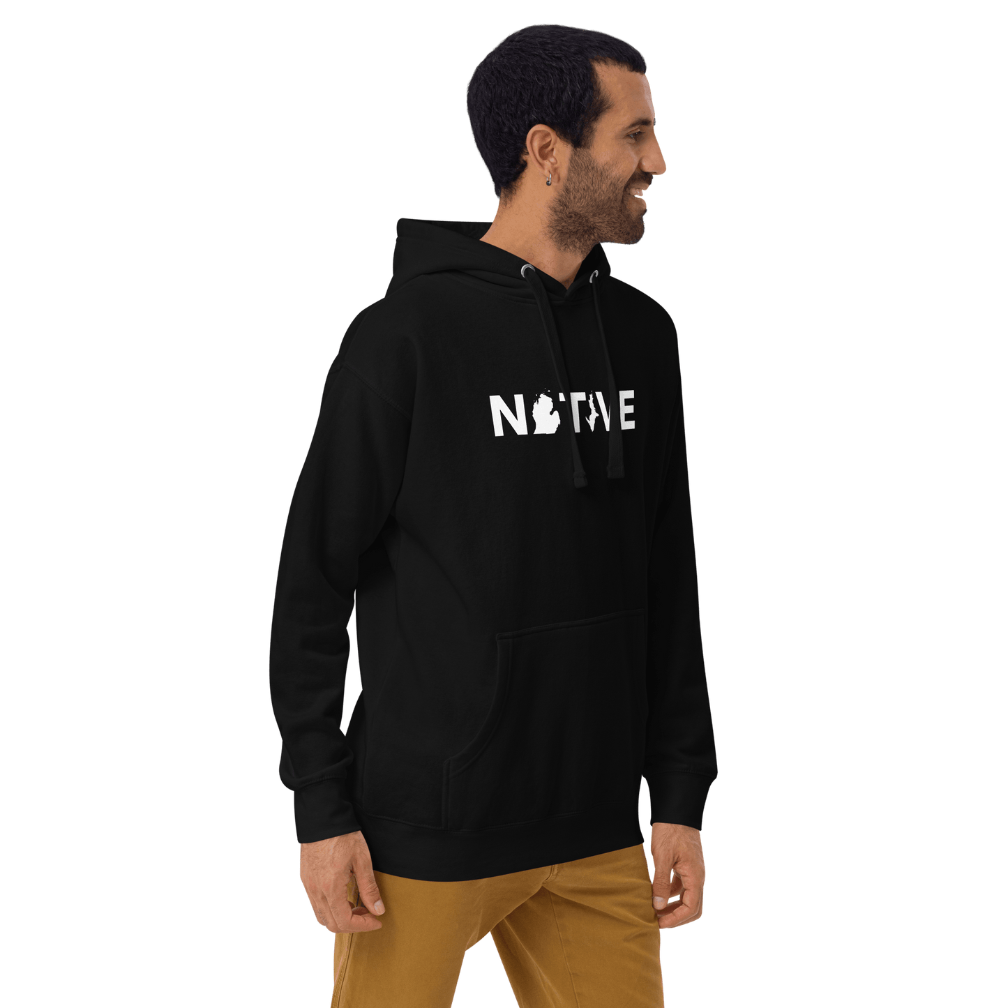 Michigan 'Native' Hoodie (White/Navy Geometric Sans Font) | Unisex Premium - Circumspice Michigan