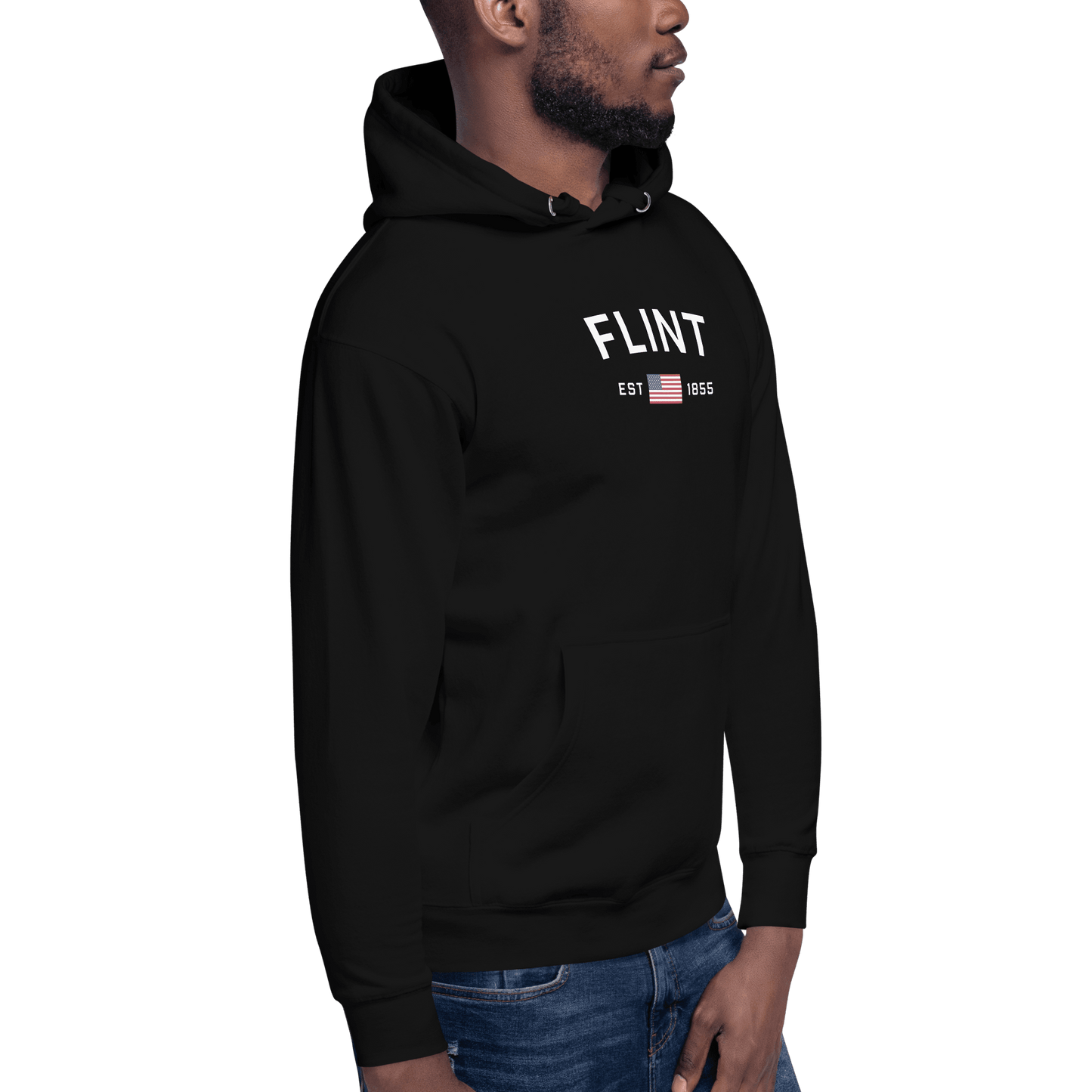 'Flint EST 1855' Hoodie (w/ USA Flag Outline) | Unisex Premium - Circumspice Michigan