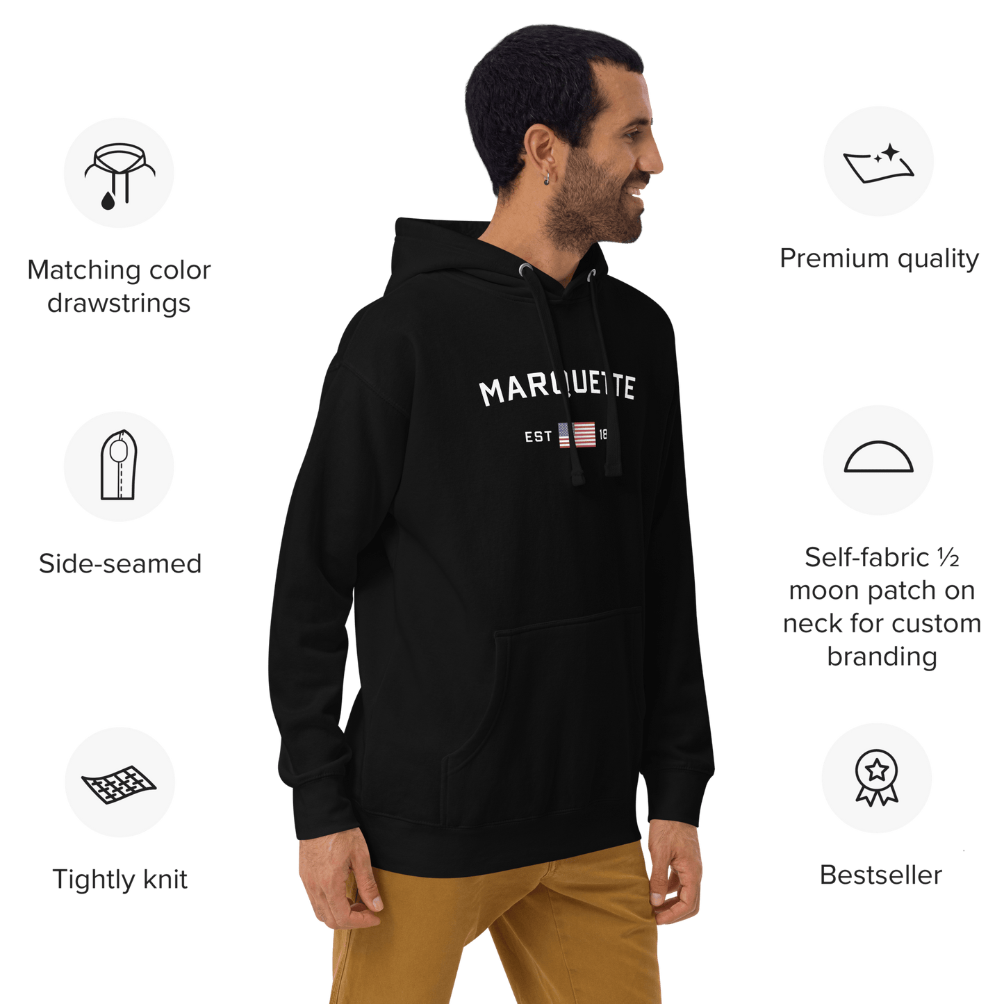 'Marquette EST 1849' Hoodie (w/ USA Flag Outline) | Unisex Premium - Circumspice Michigan